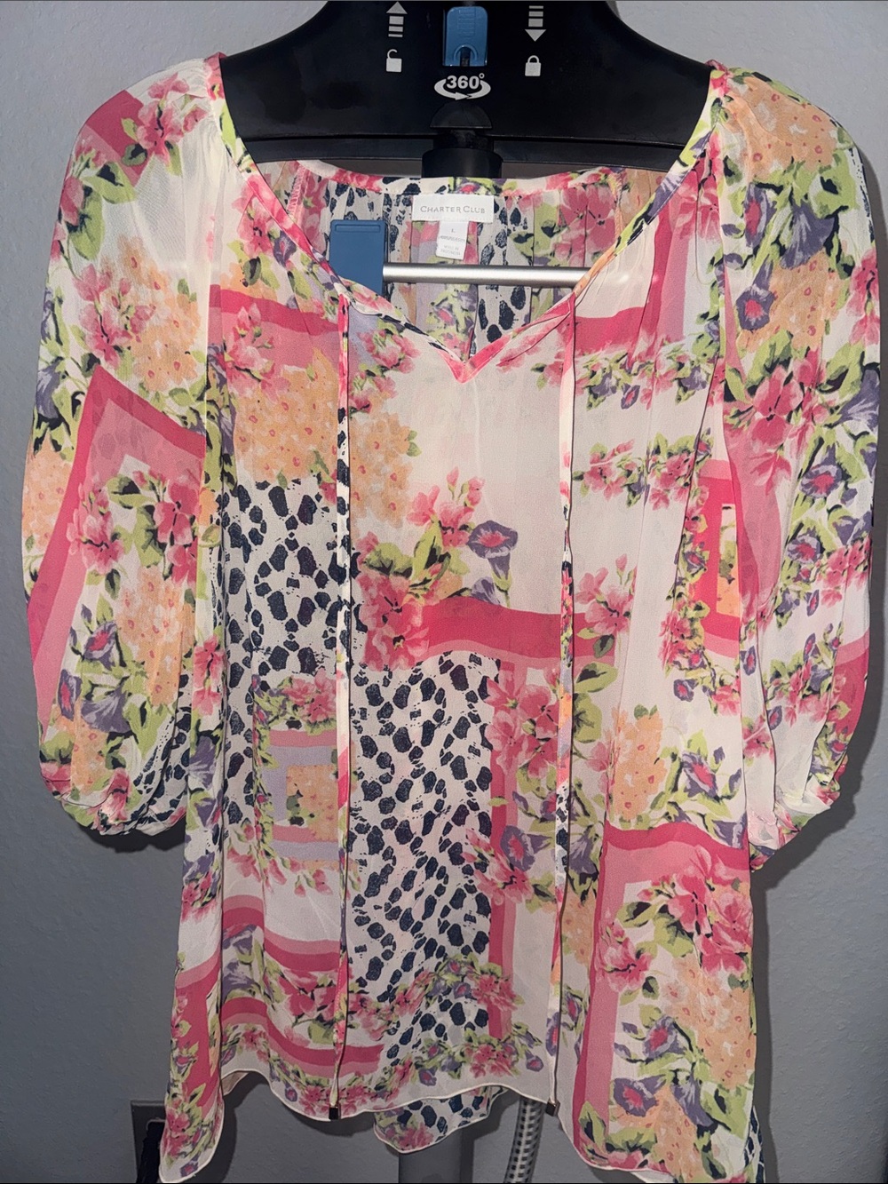 Charter Club Pink Floral Sheer Peasant Top with Cream Accents